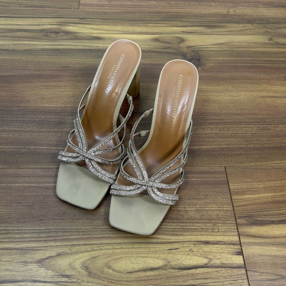 Christian Siriano Fionah Beige Rhinestone Strappy Block Heel Mule Sandals Sz 9